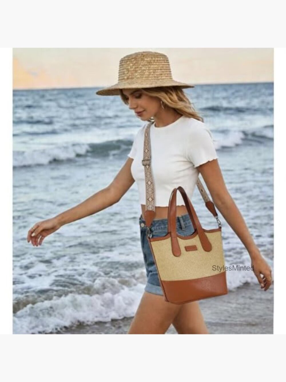 Straw & Vegan Leather Bucket Tote Bag Crossbody Top Handle Purse - Picture 3 of 7